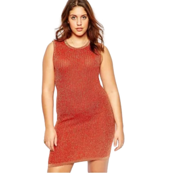ASOS Curve Burnt Orange Gold Metallic Knit Dress size 20 sleeveless bodycon NWT - Picture 1 of 9